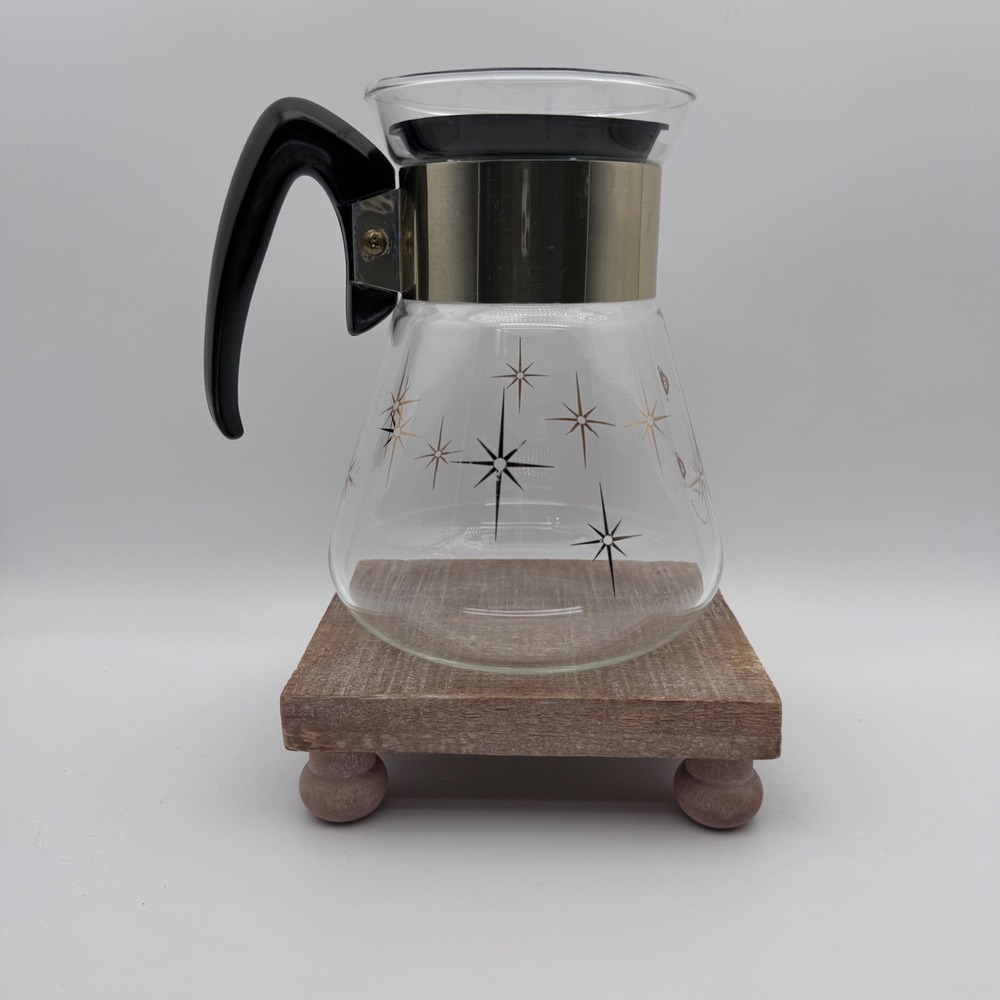 Vintage Corning Glass Coffee Carafe Atomic Starburst MCM Black Gold 6 Cup Lid